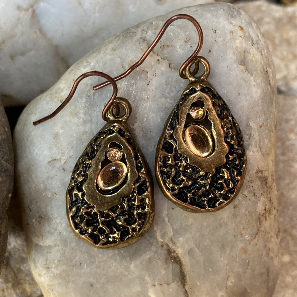 Vintage Boho Luxe Artisan Textured Brassy Gold & Amber Stone Earrings